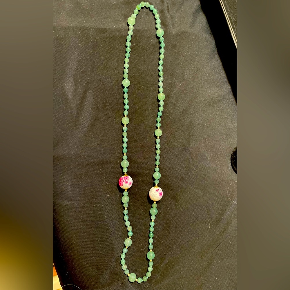 Green stone necklace with porcelain painted beads 30” looks like jade